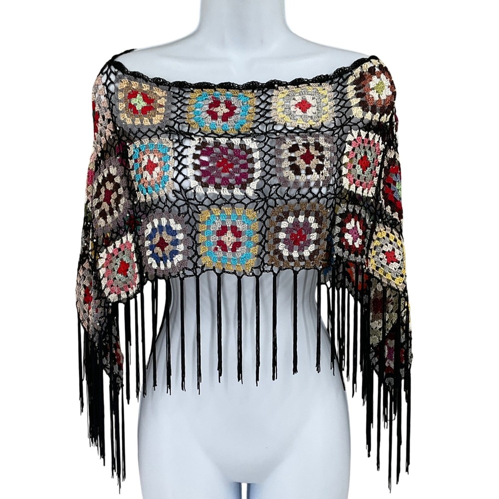 Cottagecore Poncho Women OS Granny Square Crochet Fringe Boho Festival Indie